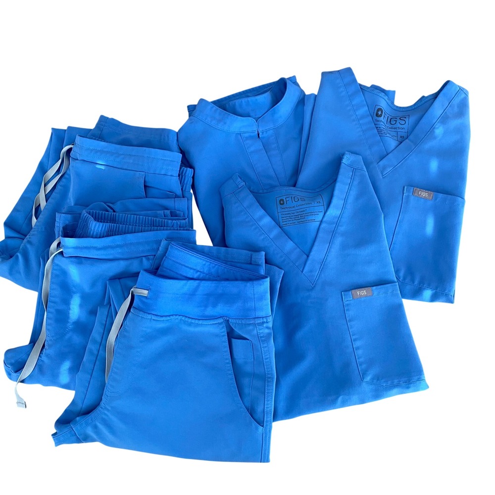 FIGS Technical Collection Scrub Set Bundle Blue XS XS/T Tops and Pants 6 Pieces